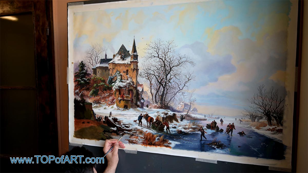 Winter Landscape with Skaters in front of a Castle by Kruseman - Painting Reproduction Video