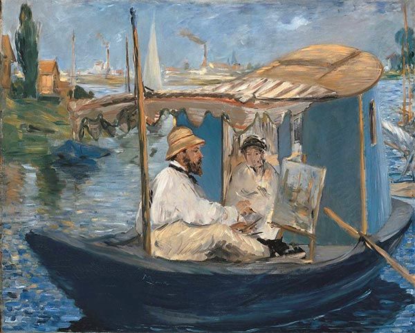 Manet - Claude Monet, with Madame Monet, Working on His Boat in Argenteuil, 1874