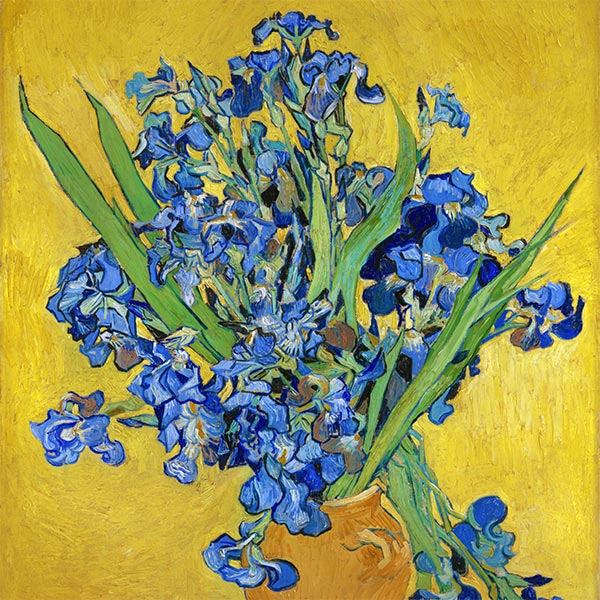 Seidenschal | Vase mit Schwertlilien vor gelbem Hintergrund | Vincent van Gogh | Originalgemälde